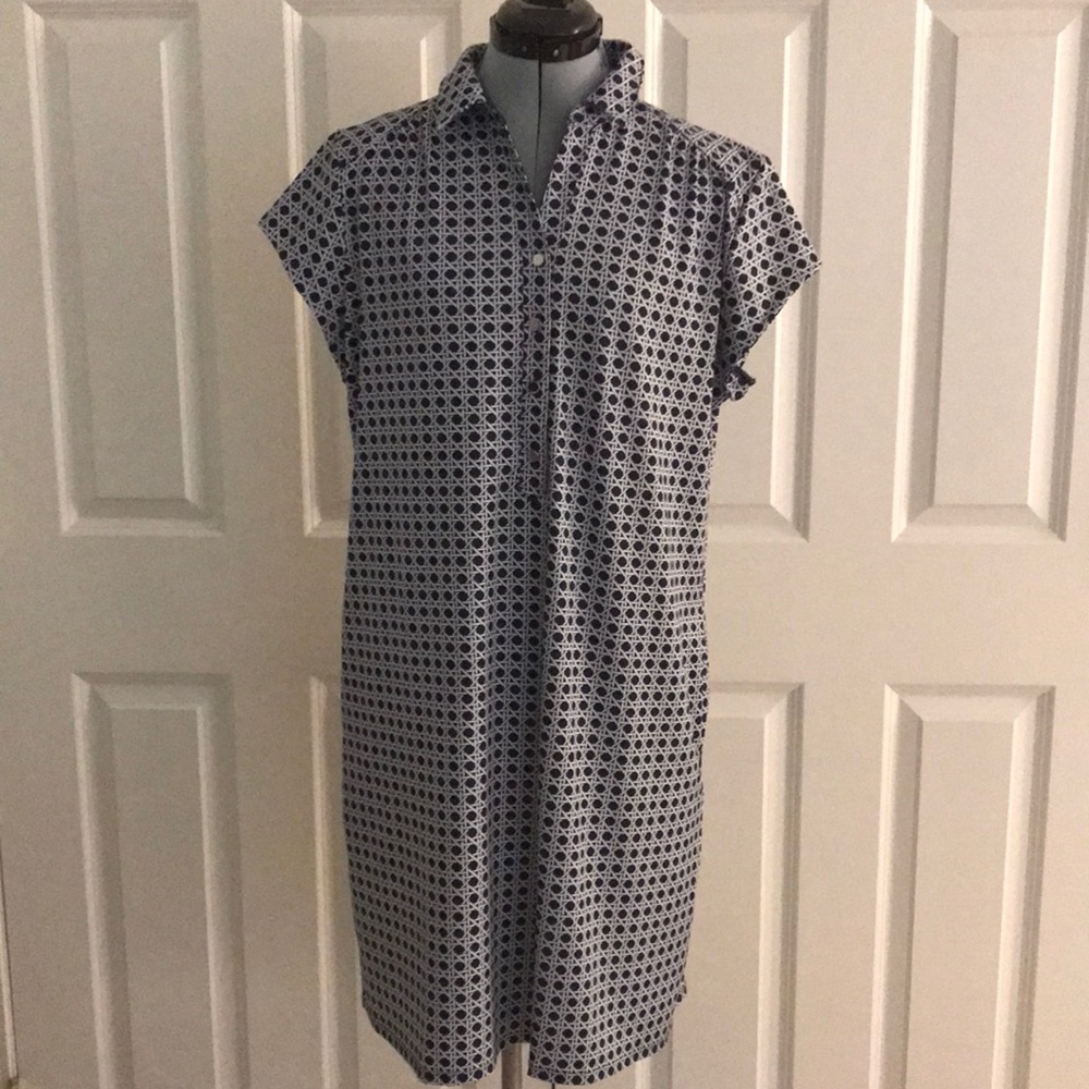 New Zenergy by Chico’s Navy Blue & White Print Casual Dress Collar Pockets 2 L